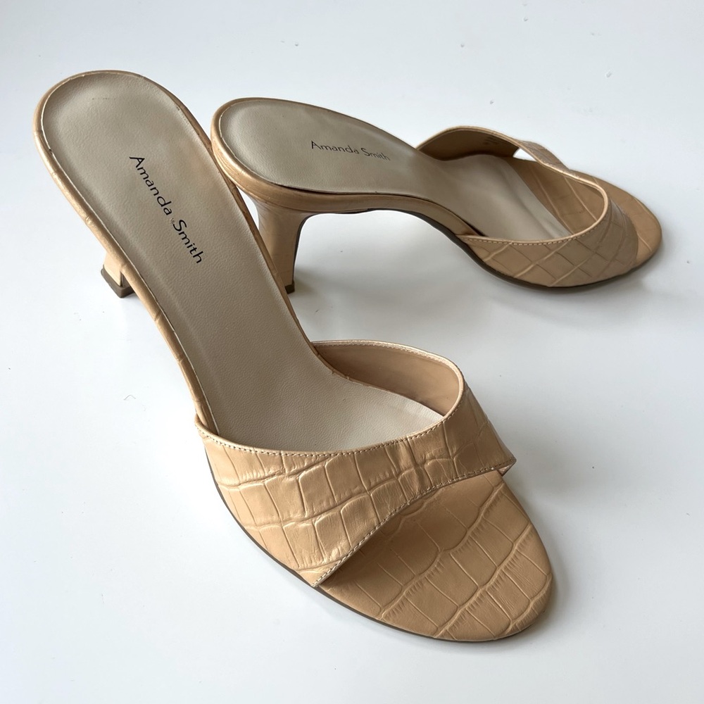 Amanda Smith Jupiter Camel Crocodile Leather Open Toe SlipOn 3” Kitten Heel SZ 8